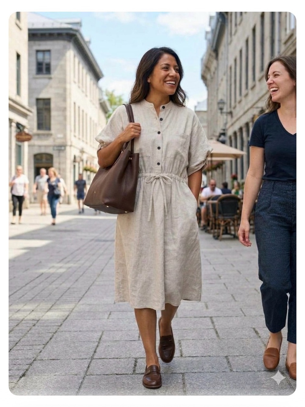 100% Linen Light Beige Button-Front Drawstring Midi Dress - Women